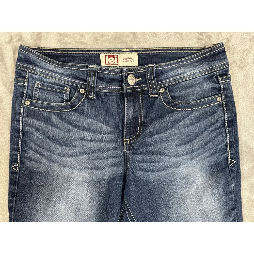 lei Jeans Juniors 7 L24 Blue Sophia Hipster Flare Stretch Denim Flap Pockets‎